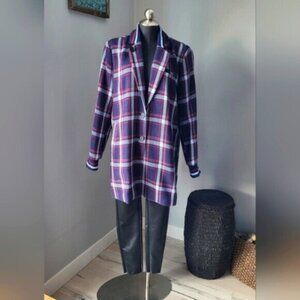 Long Tweed Blue Plaid Blazer Jacket YEST Outerwear Sz 14 Womens NEW